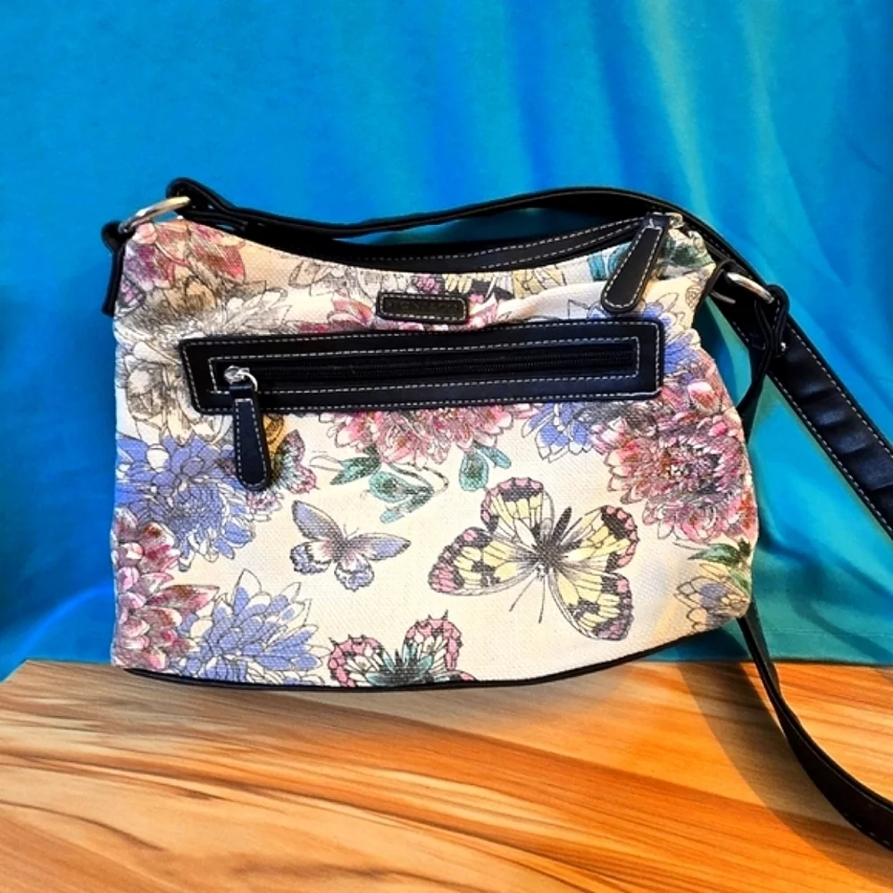 Stone & Co. Shoulder Bag Colorful Butterflies Black Trim Zipper Pockets Purse